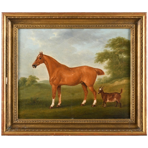 528 - JOHN NOST SARTORIUS (1759-1828). A CHESTNUT HORSE WITH A GOAT IN A FIELD. Signed and dated 1780, oil... 