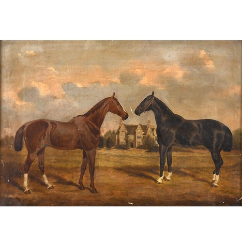 531 - WILLIAM HENRY M. TURNER (FL.1849-1887). A BAY HORSE AND A CHESTNUT HORSE, STANDING NEAR A COUNTRY HO... 