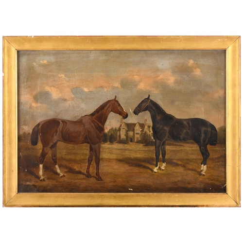 531 - WILLIAM HENRY M. TURNER (FL.1849-1887). A BAY HORSE AND A CHESTNUT HORSE, STANDING NEAR A COUNTRY HO... 