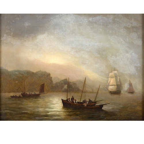 537 - THOMAS LUNY (1759-1837). FISHING BOATS AT TWILIGHT. Signed, oil on canvas
36.5 x 49cm. ** Thin areas... 