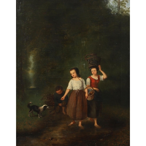 540 - FERDINAND DE BRAEKELEER (1792-1883). Follower of. FIGURES WITH A DOG BY A WOODLAND STREAM. Oil on ca... 