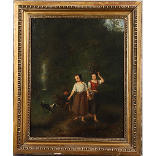 540 - FERDINAND DE BRAEKELEER (1792-1883). Follower of. FIGURES WITH A DOG BY A WOODLAND STREAM. Oil on ca... 