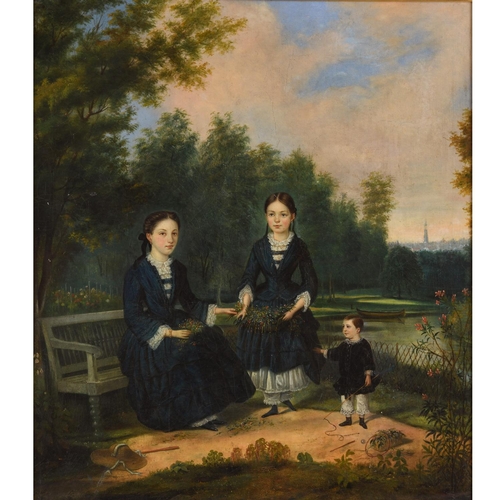 544 - SCOTTISH SCHOOL, 19TH CENTURY. PORTRAIT OF A FAMILY GROUP IN A PARK. Oil on canvas, maple veneered f... 