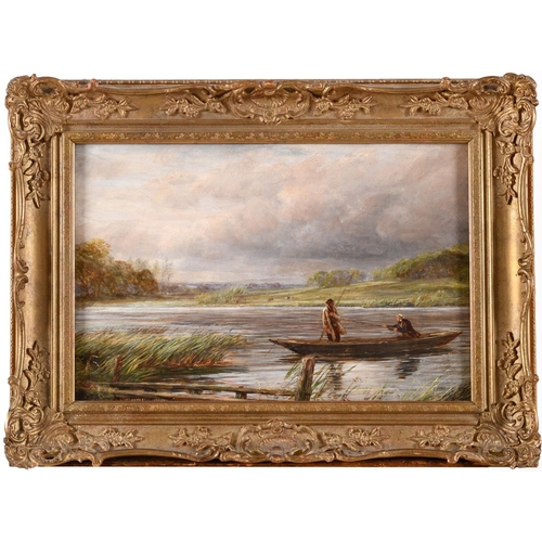 551 - CHARLES THOMAS BURT (1823-1902). ANGLERS IN A PUNT. Signed, oil on canvas
29 x 44cm. ** Some scatter... 