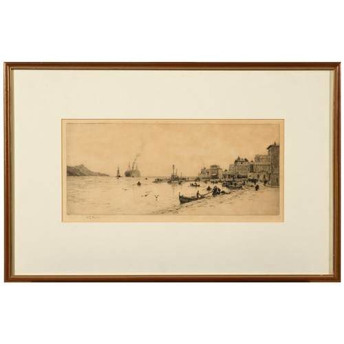 560 - WILLIAM LIONEL WYLLIE, RA (1851-1931). BOATS AND FIGURES AT A WATERFRONT; TUG TOWING BARGES AT A HAR... 