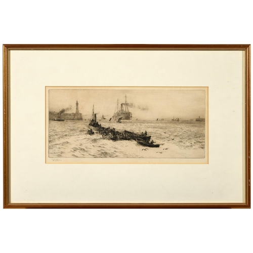 560 - WILLIAM LIONEL WYLLIE, RA (1851-1931). BOATS AND FIGURES AT A WATERFRONT; TUG TOWING BARGES AT A HAR... 