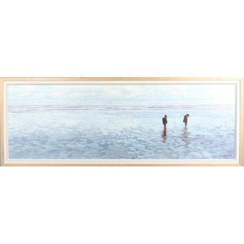 591 - JAMES MACKEOWN (B.1961). CHILDREN ON A BEACH. (d) Signed, oil on canvas
48.5 x 148.5cm. ** Good cond... 