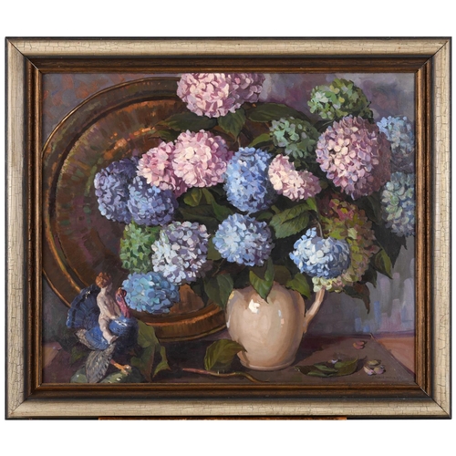 593 - SAM MORSE-BROWN (1903-2001). A JUG OF HYDRANGEAS AND A CHELSEA FIGURE. (d) Signed and dated 1937, oi... 