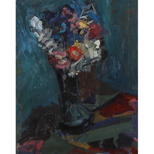 595 - DAWN SIDOLI (1933-2022). DRIED FLOWERS AND PEWTER VASE. (d) Signed and dated 1992, oil on board
62 x... 