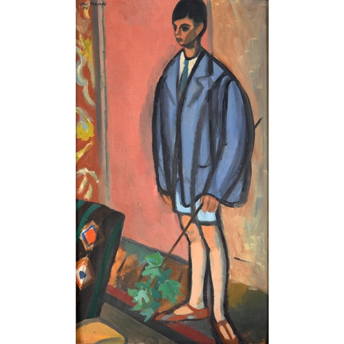 608 - JOHN MELVILLE (1902-1986). BOY IN A BLUE BLAZER. (d) Signed and dated 45, oil on canvas
79 x 44.5cm.... 