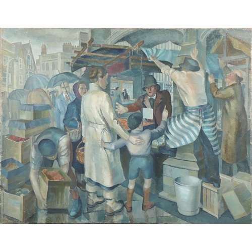 613 - GEOFFREY UNDERWOOD (1927-2000). MARKET SCENE. (d) Oil on canvas, unframed
71 x 91cm. ** Some slight ... 