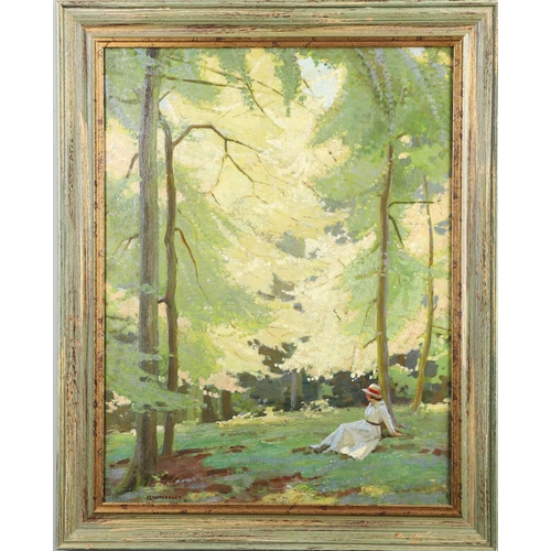 615 - GARNET RUSKIN WOLSELEY (1884-1967). IN A SUN-DAPPLED GLADE. (d) Signed, oil on canvas
65 x 49.5cm. *... 