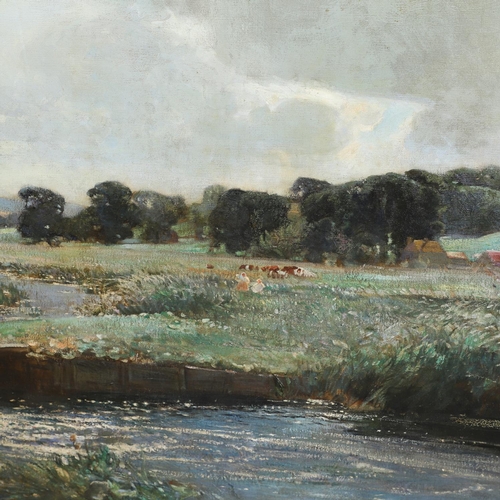 616 - HARRY WATSON (1871-1936). MEADOW SCENE, THOUGHT TO BE ON THE ISLE OF ELMLEY, SHEPPEY, KENT. Signed a... 