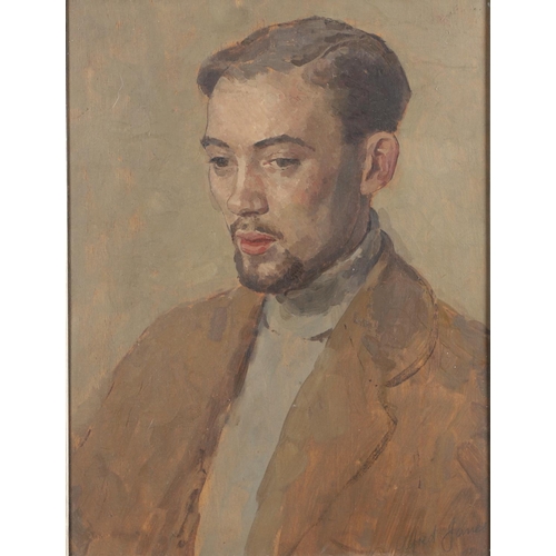 619 - ALFRED GEORGE JANES (1911-1999). PORTRAIT STUDY OF BROMFIELD REES. (d) Bust length, wearing a brown ... 