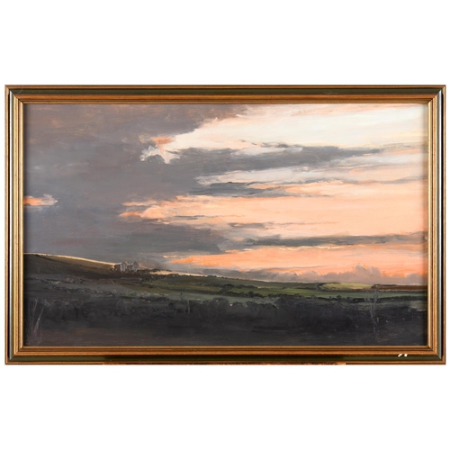 622 - JOHN MILLER (1931-2002). A CORNISH MOOR NEAR SANCREED, SUNSET. (d) Oil on Masonite
49.5 x 83cm. ** G... 