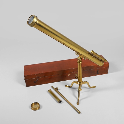 627 - A LARGE CASED BRASS TELESCOPE - BROADHURST & CLARKSON. A large brass telescope with a 3 inch lens, m... 