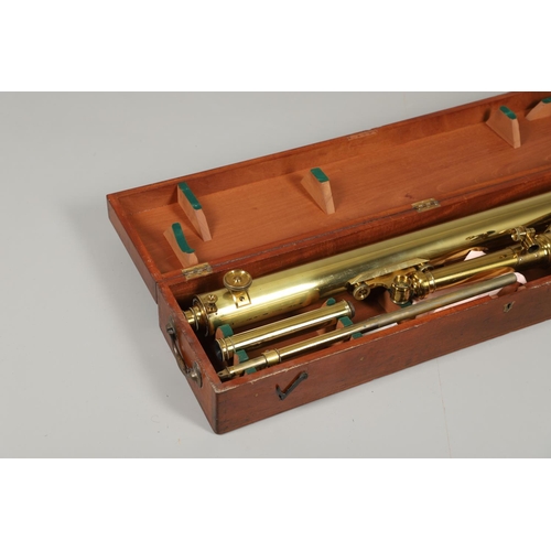 627 - A LARGE CASED BRASS TELESCOPE - BROADHURST & CLARKSON. A large brass telescope with a 3 inch lens, m... 