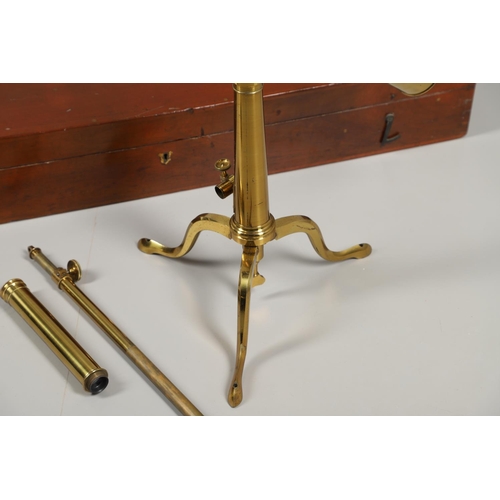 627 - A LARGE CASED BRASS TELESCOPE - BROADHURST & CLARKSON. A large brass telescope with a 3 inch lens, m... 