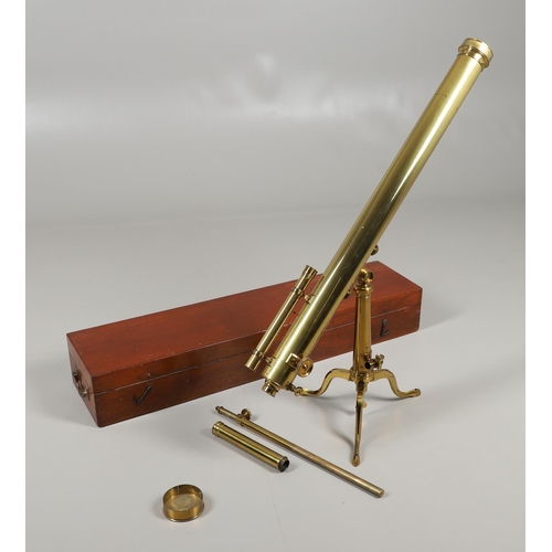 627 - A LARGE CASED BRASS TELESCOPE - BROADHURST & CLARKSON. A large brass telescope with a 3 inch lens, m... 