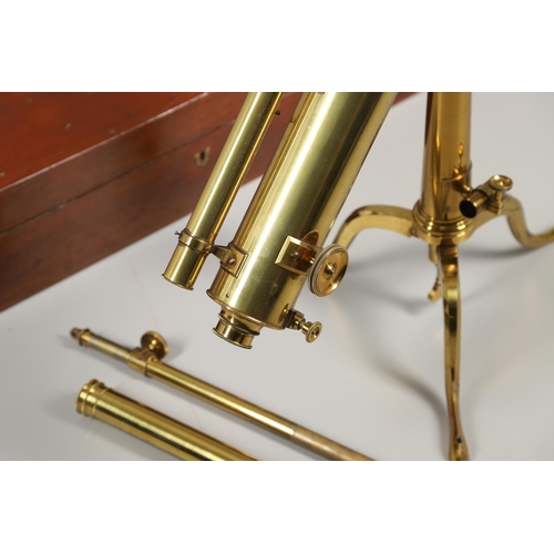 627 - A LARGE CASED BRASS TELESCOPE - BROADHURST & CLARKSON. A large brass telescope with a 3 inch lens, m... 