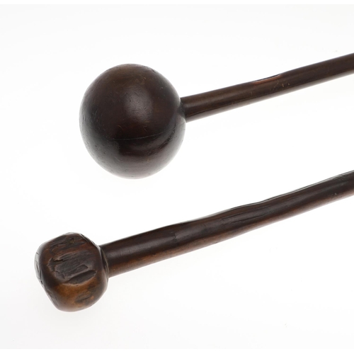 633 - AFRICAN WOODEN KNOBKERRIE, & ANOTHER KNOBKERRIE. A hardwood knobkerrie, probably late 19thc/early 20... 