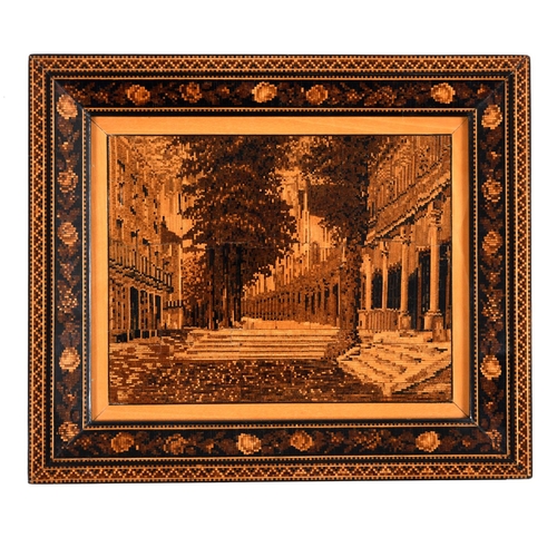 640 - RARE VICTORIAN TUNBRIDGE WARE PICTURE - 'THE PANTILES'. A rare rosewood and inlaid picture of 'The P... 