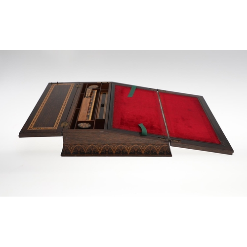 641 - RARE VICTORIAN TUNBRIDGE WARE WRITING SLOPE. A rosewood and inlaid fitted writing slope, with a Cast... 