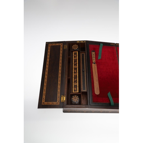 641 - RARE VICTORIAN TUNBRIDGE WARE WRITING SLOPE. A rosewood and inlaid fitted writing slope, with a Cast... 