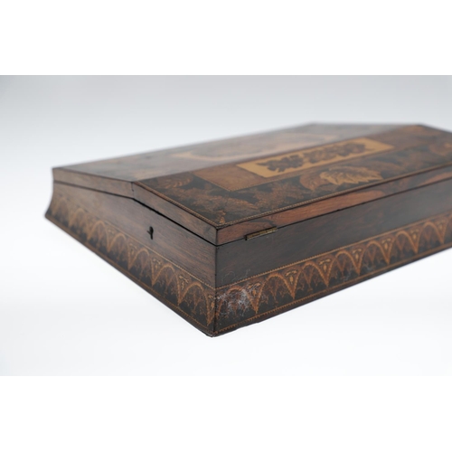 641 - RARE VICTORIAN TUNBRIDGE WARE WRITING SLOPE. A rosewood and inlaid fitted writing slope, with a Cast... 