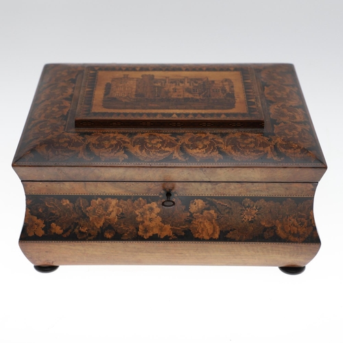 643 - VICTORIAN TUNBRIDGE WARE WORK BOX. A large Tunbridge Ware work box, the top with a rectangular panel... 