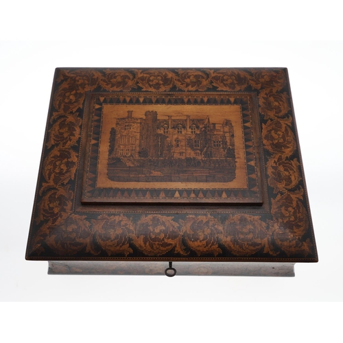 643 - VICTORIAN TUNBRIDGE WARE WORK BOX. A large Tunbridge Ware work box, the top with a rectangular panel... 