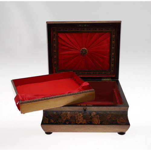 643 - VICTORIAN TUNBRIDGE WARE WORK BOX. A large Tunbridge Ware work box, the top with a rectangular panel... 