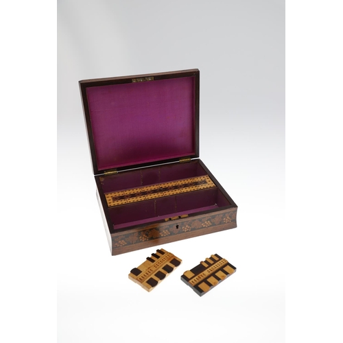 644 - VICTORIAN TUNBRIDGE WARE GAMES BOX & ANOTHER GAMES BOX. A Victorian rosewood and inlaid games box, w... 