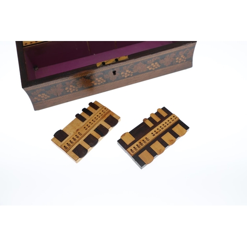 644 - VICTORIAN TUNBRIDGE WARE GAMES BOX & ANOTHER GAMES BOX. A Victorian rosewood and inlaid games box, w... 