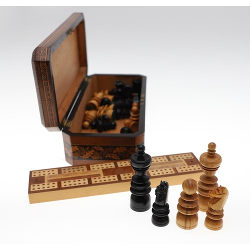 645 - VICTORIAN TUNBRIDGE WARE GAMES BOX WITH CHESS SET, & ANOTHER GAMES BOX. A rectangular shaped rosewoo... 