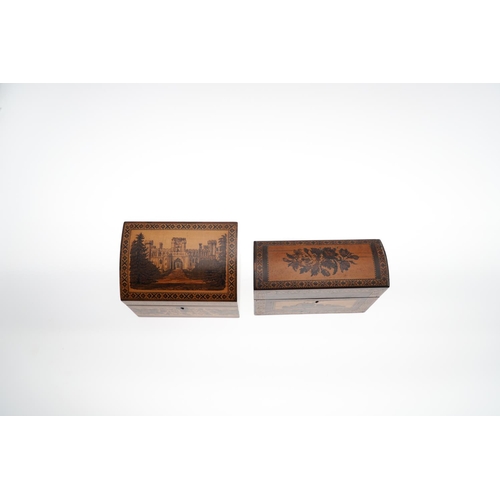 651 - VICTORIAN TUNBRIDGE WARE STATIONARY BOX & ANOTHER FITTED BOX. A rosewood and inlaid stationary box w... 