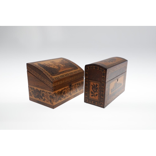 651 - VICTORIAN TUNBRIDGE WARE STATIONARY BOX & ANOTHER FITTED BOX. A rosewood and inlaid stationary box w... 