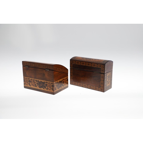 651 - VICTORIAN TUNBRIDGE WARE STATIONARY BOX & ANOTHER FITTED BOX. A rosewood and inlaid stationary box w... 