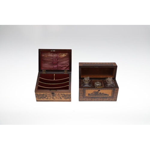 651 - VICTORIAN TUNBRIDGE WARE STATIONARY BOX & ANOTHER FITTED BOX. A rosewood and inlaid stationary box w... 