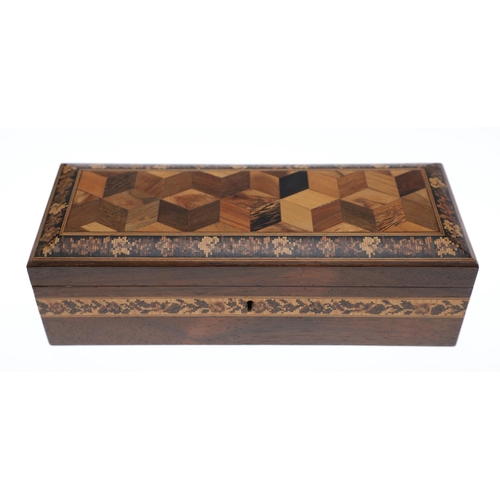 652 - VICTORIAN TUNBRIDGE WARE BOXES. A variety of boxes including four boxes with geometric patterns to t... 