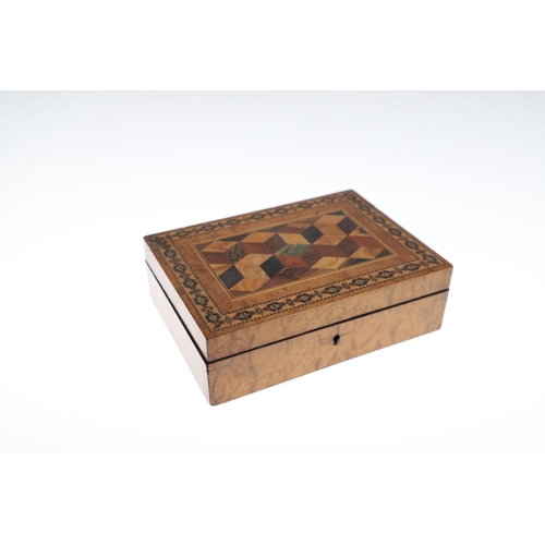 652 - VICTORIAN TUNBRIDGE WARE BOXES. A variety of boxes including four boxes with geometric patterns to t... 