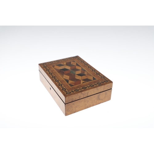 652 - VICTORIAN TUNBRIDGE WARE BOXES. A variety of boxes including four boxes with geometric patterns to t... 