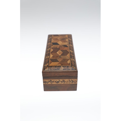 652 - VICTORIAN TUNBRIDGE WARE BOXES. A variety of boxes including four boxes with geometric patterns to t... 