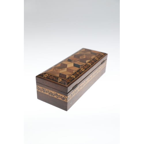 652 - VICTORIAN TUNBRIDGE WARE BOXES. A variety of boxes including four boxes with geometric patterns to t... 