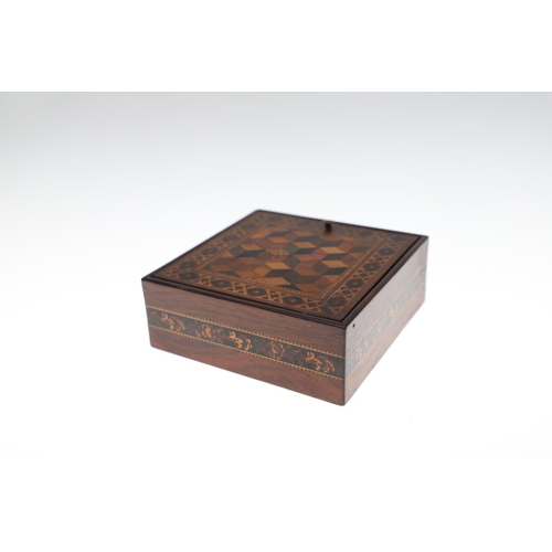 652 - VICTORIAN TUNBRIDGE WARE BOXES. A variety of boxes including four boxes with geometric patterns to t... 