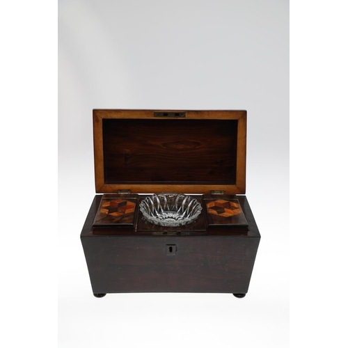 654 - VICTORIAN ROSEWOOD TUNBRIDGE WARE TEA CADDY. A Victorian tea caddy of sarcophagus shape, with an inl... 