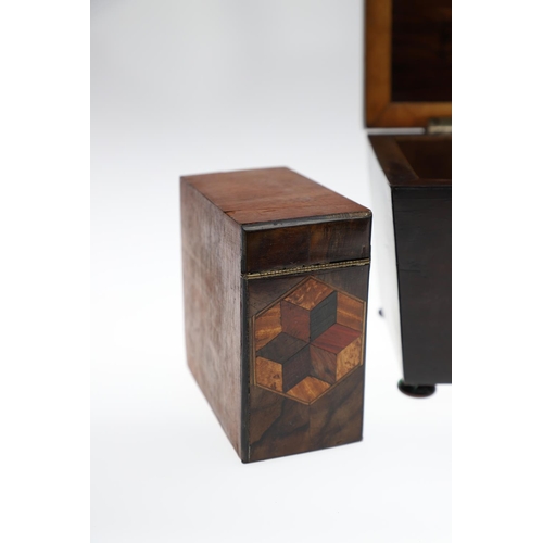 654 - VICTORIAN ROSEWOOD TUNBRIDGE WARE TEA CADDY. A Victorian tea caddy of sarcophagus shape, with an inl... 