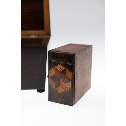 654 - VICTORIAN ROSEWOOD TUNBRIDGE WARE TEA CADDY. A Victorian tea caddy of sarcophagus shape, with an inl... 