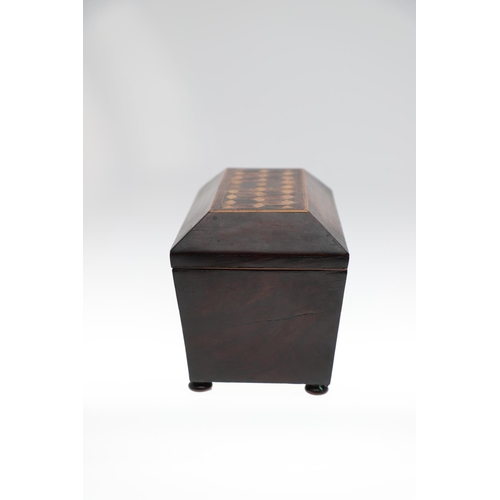 654 - VICTORIAN ROSEWOOD TUNBRIDGE WARE TEA CADDY. A Victorian tea caddy of sarcophagus shape, with an inl... 