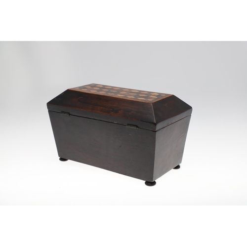 654 - VICTORIAN ROSEWOOD TUNBRIDGE WARE TEA CADDY. A Victorian tea caddy of sarcophagus shape, with an inl... 